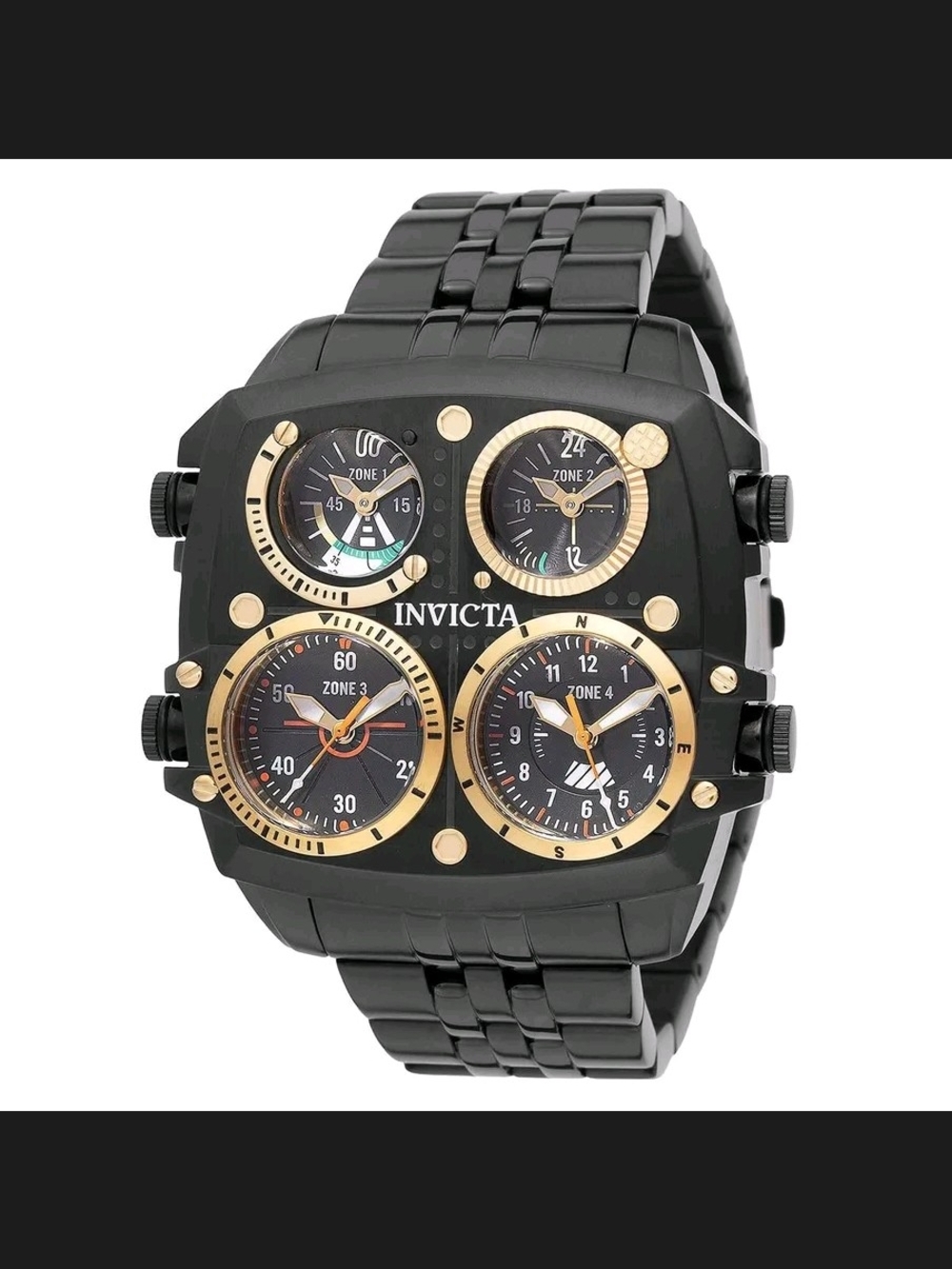 Invicta Aviator Zulu Black and Gold Four-Zone Multi-Time Bracelet Watch 50mm